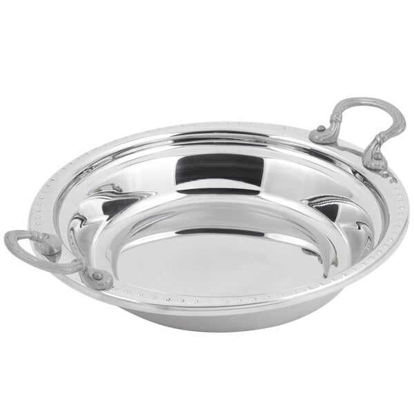 A stainless steel Bon Chef Bolero design casserole food pan with round stainless steel handles.