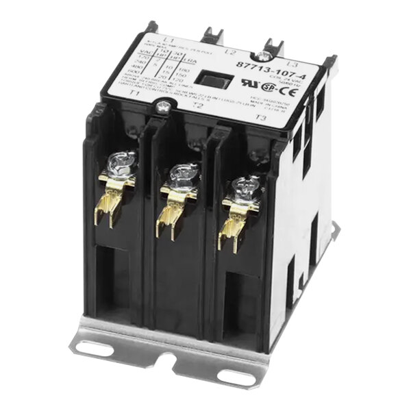 A black and white Hobart 3-pole contactor with auxiliary switch.