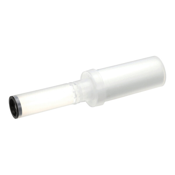 A close-up of a white plastic tube with a black tip.