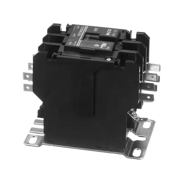 A black electrical contactor with metal brackets.