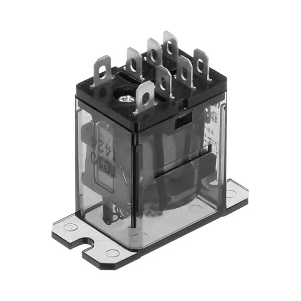 A black and clear Hobart DPDT relay with four terminals.