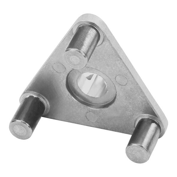 A metal triangle shaped piece with two holes, used in Hobart appliances.