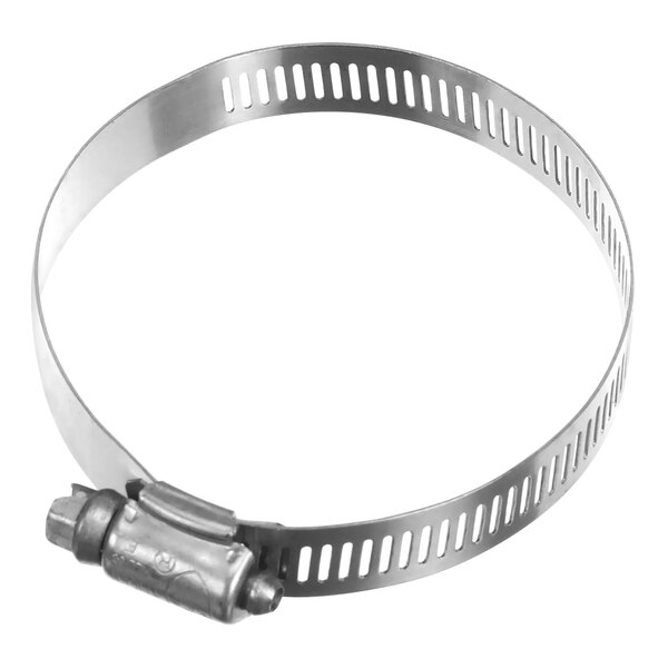 A Hobart stainless steel hose clamp with a screw.