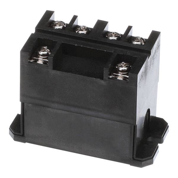 A black Perfect Fry relay with four metal terminals.