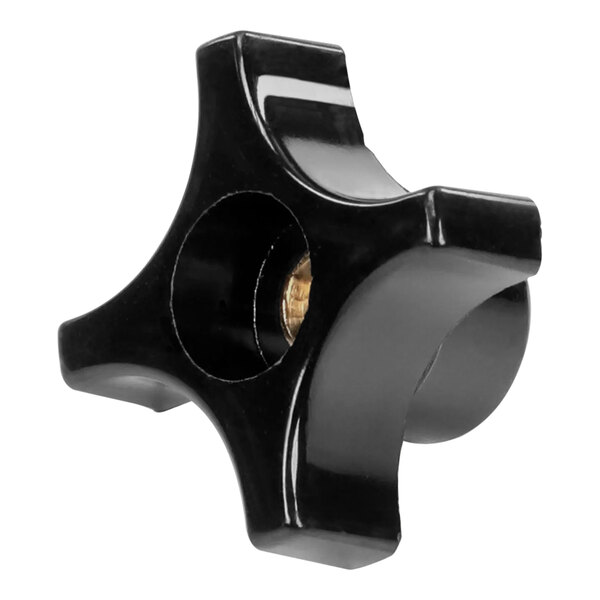 A black plastic Hobart knob with a gold center.