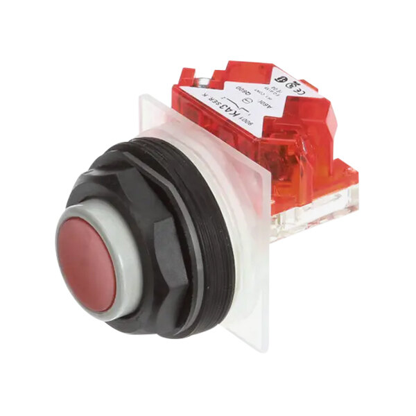A red and white Hobart push button switch with a red light.