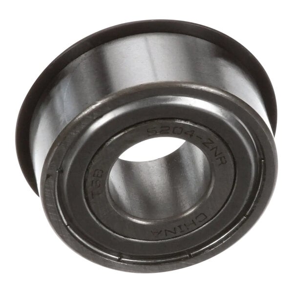 A close-up of a black and silver Hobart ball bearing with a metal ring.