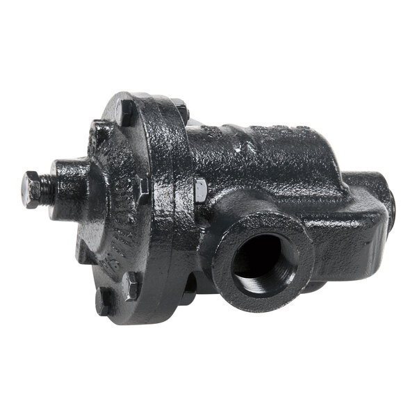 A black metal Hobart steam trap with a nut.