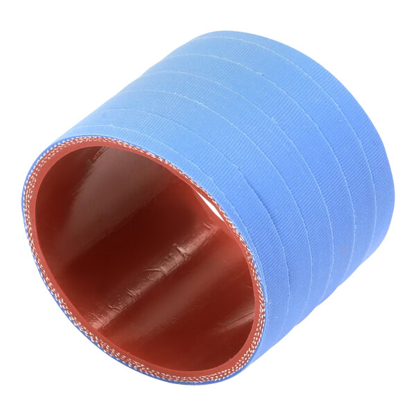 A blue and red rubber hose with a red handle.