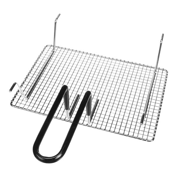 A wire fryer basket rack with a black handle.