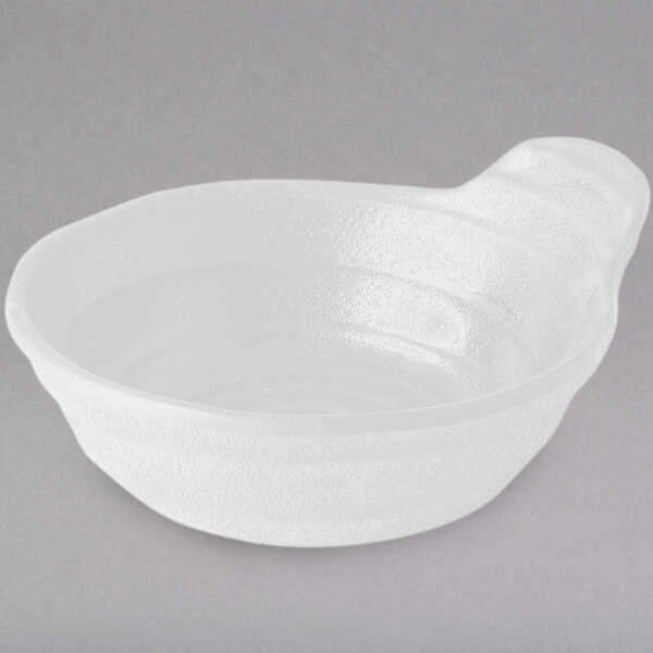 A white melamine bowl with a handle.