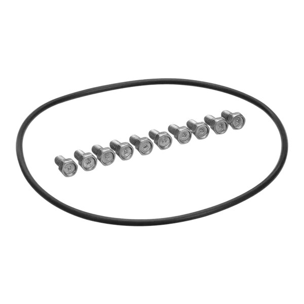 A black rubber ring with six screws designed for a Hobart booster heater.