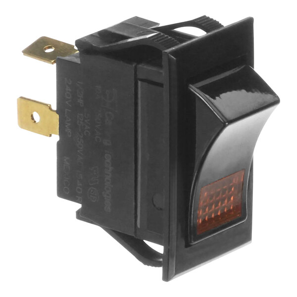 A black rectangular Hobart lighted switch with an orange light.