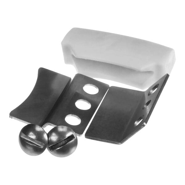 A close-up of a white and grey metal Hobart front shoe kit with screws and a metal plate.