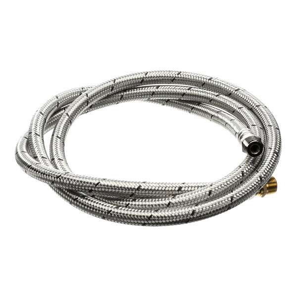 A close-up of a flexible stainless steel braided metal water hose.