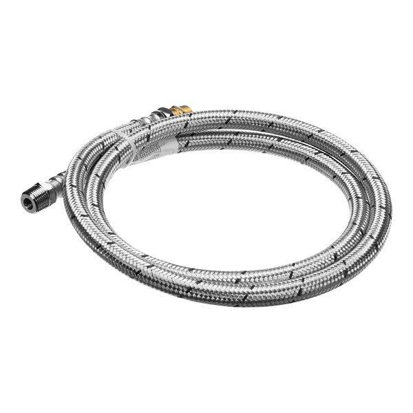 A Hobart stainless steel braided hose with a gold connector.
