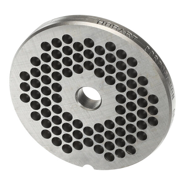 A white Hobart Plate #12 3/16 with circular holes in it.