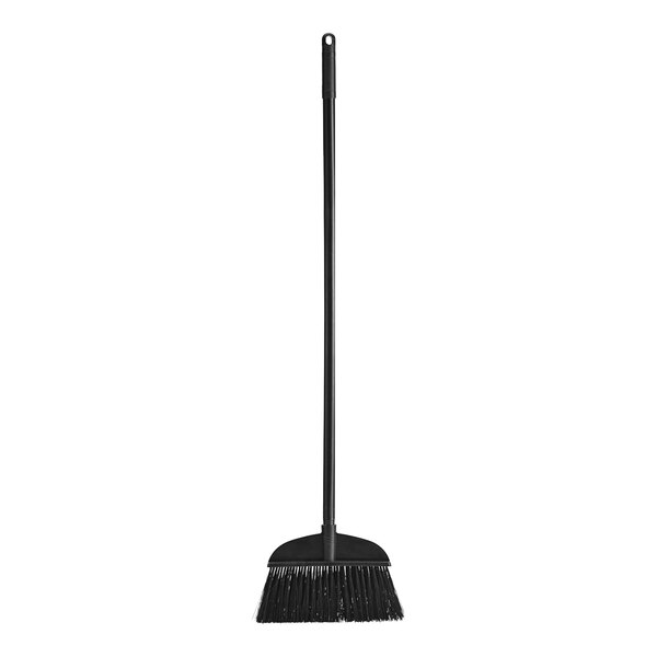 A black lobby broom with a long black handle.