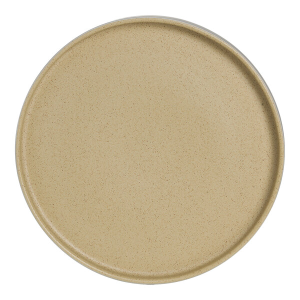 An Anfora Crete beige china stacking tray with a small hole in the middle.