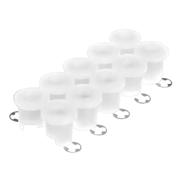 A set of white plastic cups with metal rings on a white background.