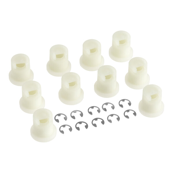 A set of white plastic conveyor rollers and metal clips for a Hobart conveyor roller kit.