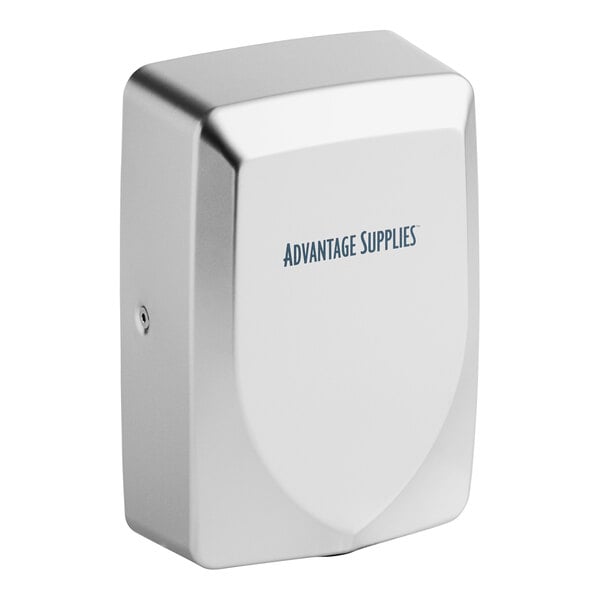 A white box with blue text reading "Advantage Supplies" and a silver plastic automatic hand dryer.