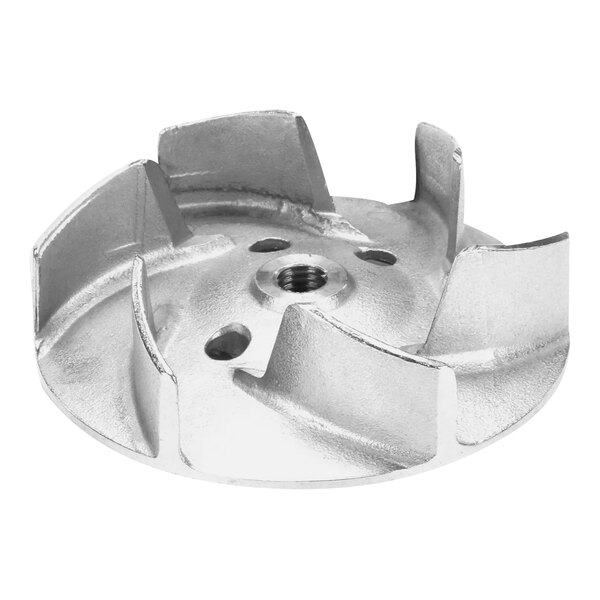 A close-up of a metal Hobart impeller with holes in it.