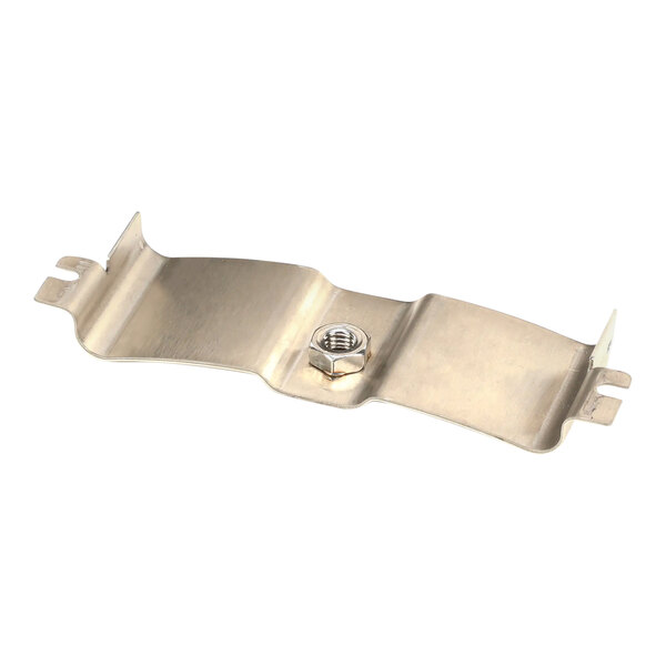 A white metal Hobart weldment cover bracket with a screw on it.