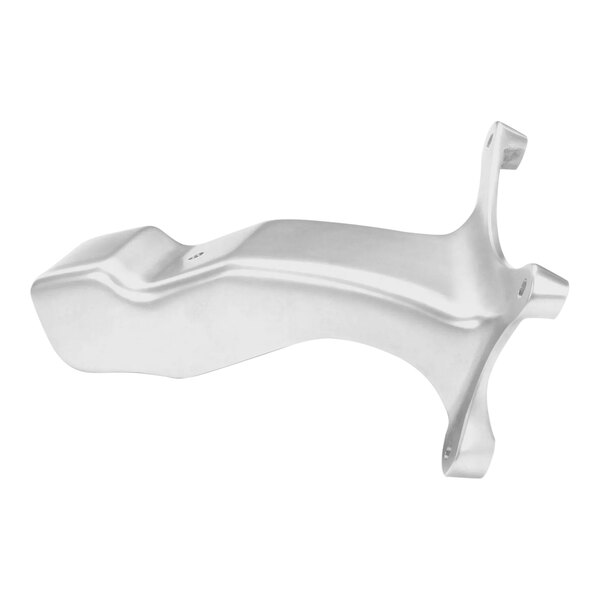 A silver metal bracket with a white background.