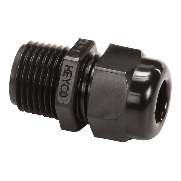 A close-up of a black threaded nut on a black plastic pipe fitting.