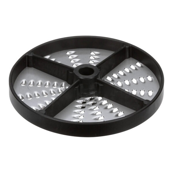 A circular black and silver Hobart Shred Plate with holes.