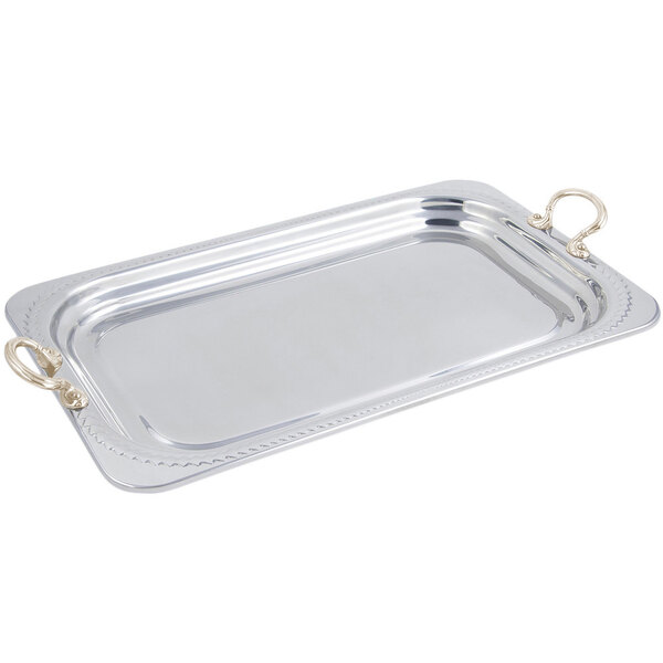 A silver rectangular Bon Chef food pan with round brass handles.