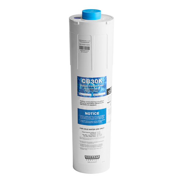 A white Hobart water filter container with a blue label.