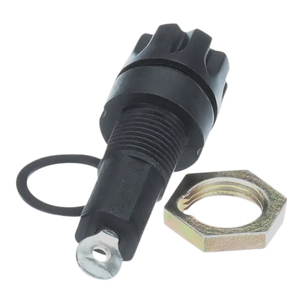 A black and silver metal Hobart fuse holder with a nut and bolt.