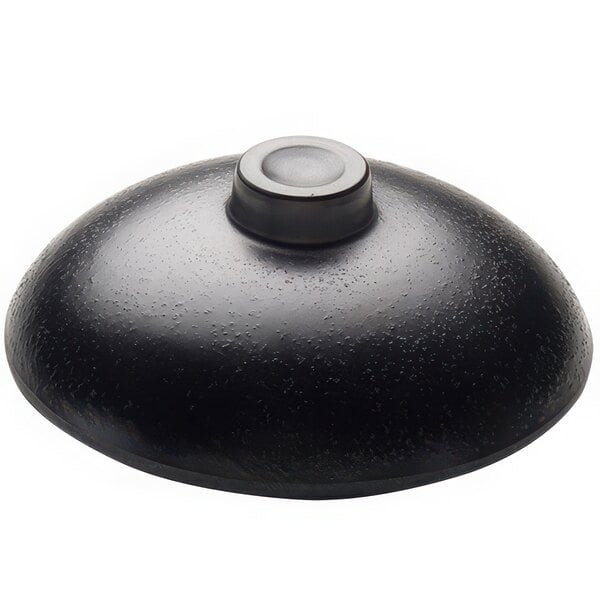 A black round lid with a round handle for an Elite Global Solutions Zen soup bowl.