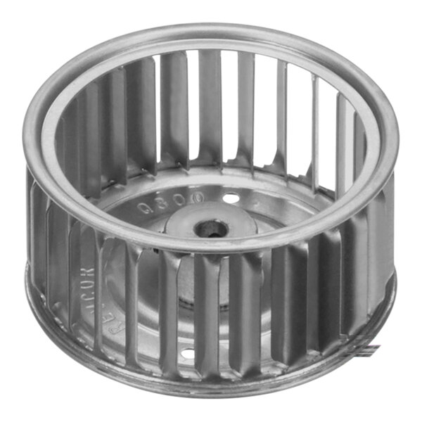 A metal Hobart blower wheel with a circular metal ring and holes.