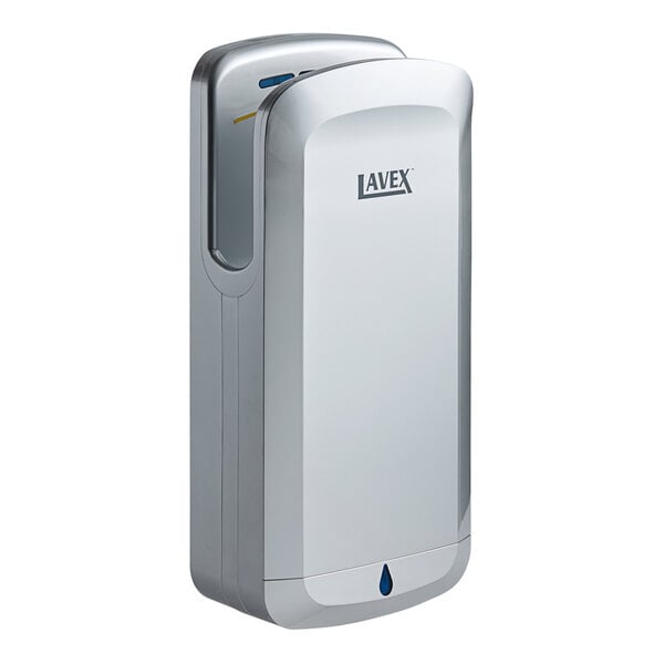 A silver Lavex JetBlade automatic hand dryer with a blue HEPA filter.