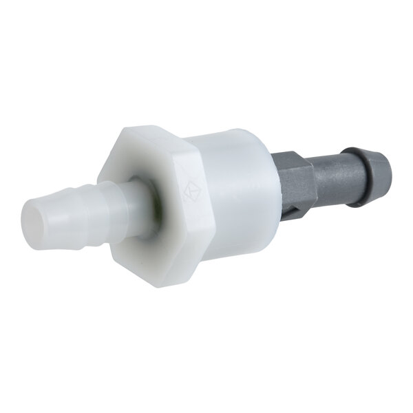 A plastic flow restrictor assembly with a hexagonal base and barbed hose fittings.