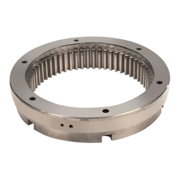 A metal Hobart gear ring with many holes.