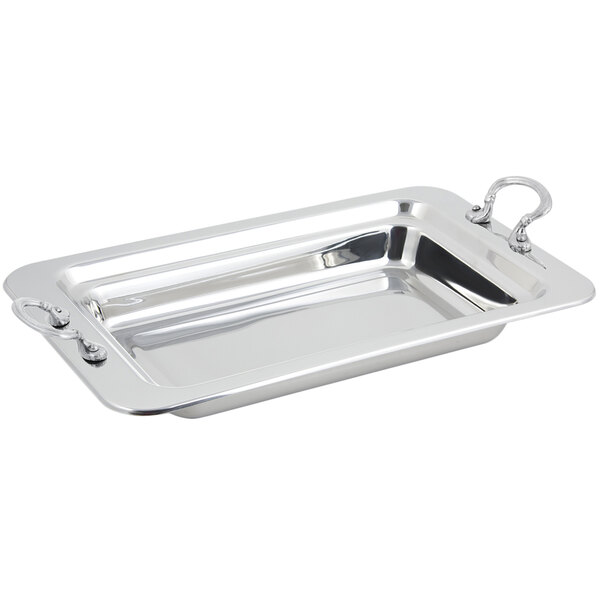 A Bon Chef stainless steel rectangular food pan with round stainless steel handles.