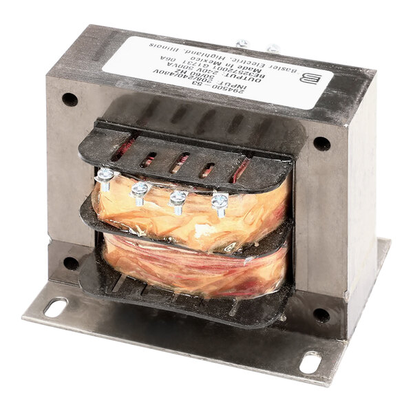 A metal box with a piece of plastic over a metal transformer.