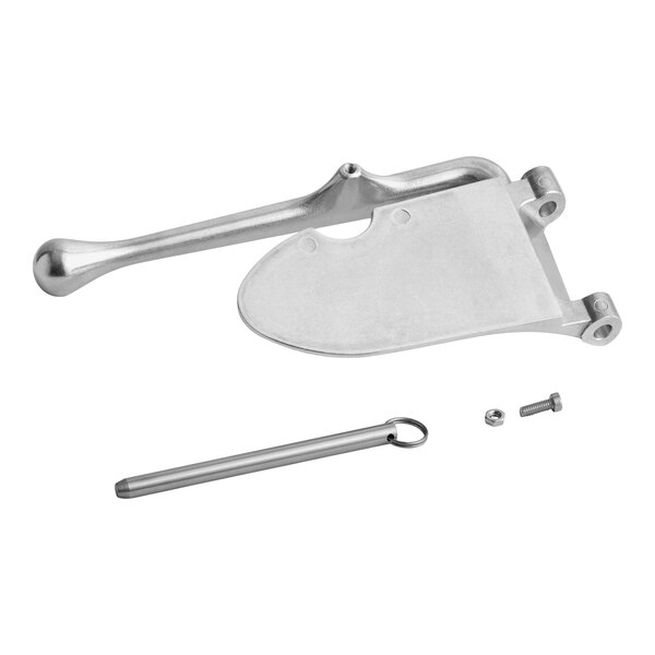 A metal feed plate with an attached handle, accompanied by a pin, a screw, and a small nut, all laid out on a white background.