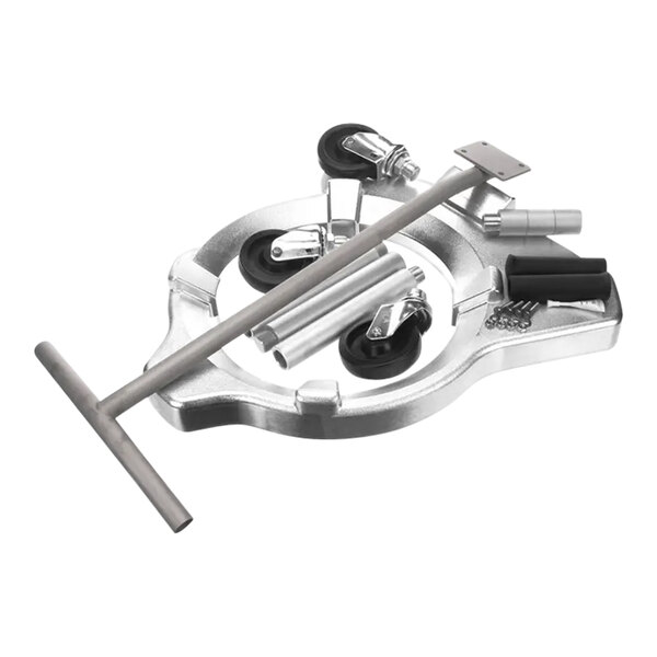 A metal bowl truck assembly with a handle and metal rod.
