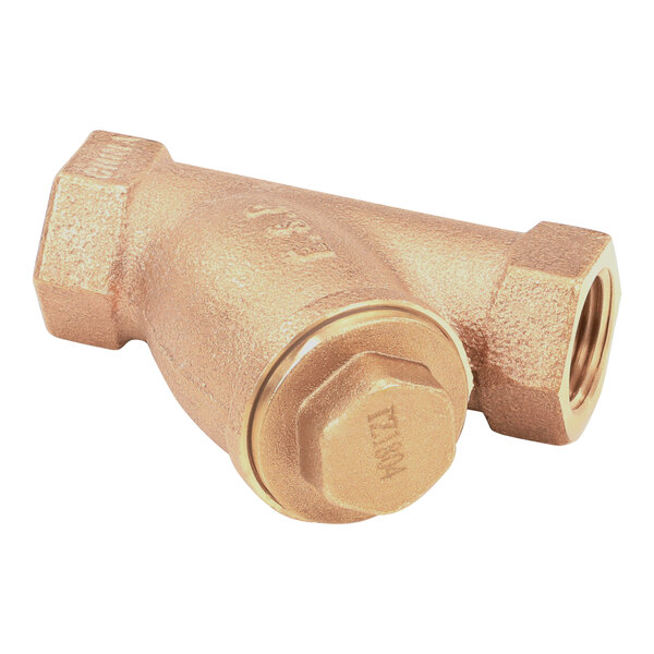 A brass strainer with a nut on the end.