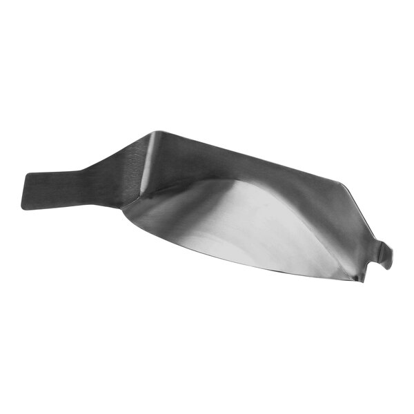 A silver metal deflector with a handle.