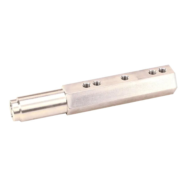 A close-up of a stainless steel Hobart upper shaft with two holes.