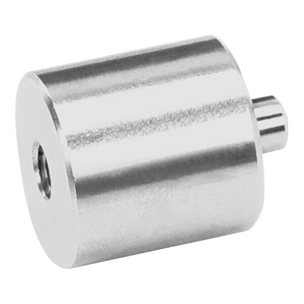 A silver cylinder with a threaded screw on a white surface.