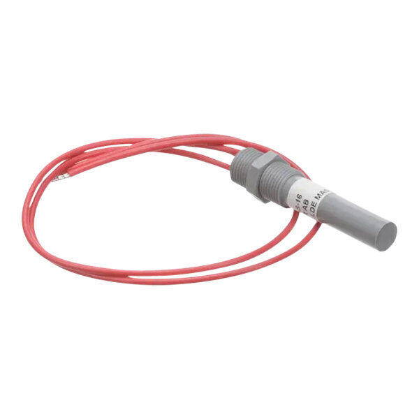 A red wire with a grey tube and a red connector on the end.