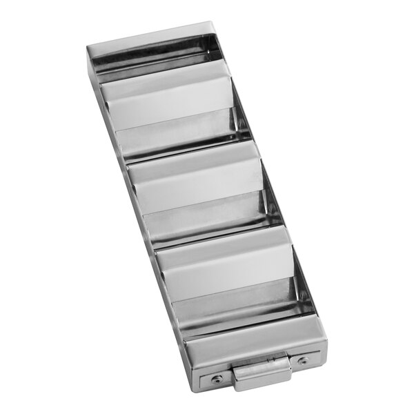 A rectangular metal grease filter with multiple horizontal baffles.