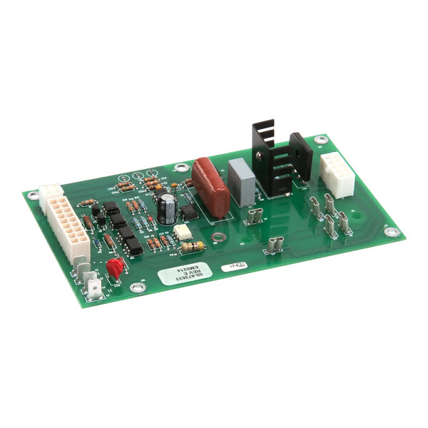 A green circuit board with many different colored components.